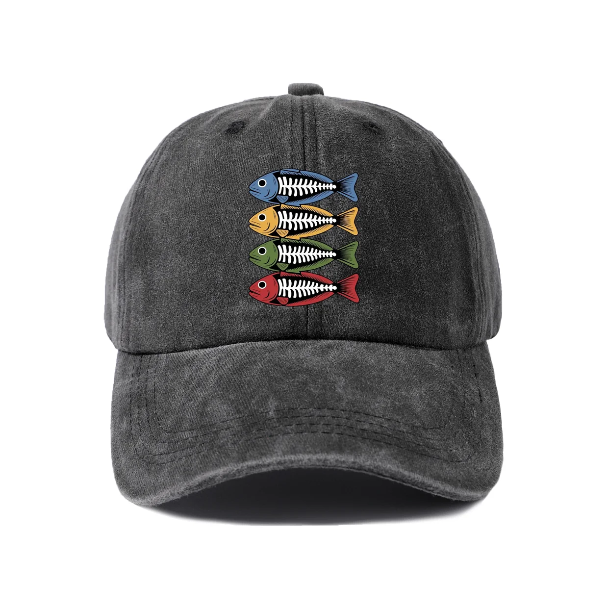 Colorful Fish Skeletons Graphic Baseball Cap, Vintage Washed Adjustable Unisex Dad Hat, Everyday Gift