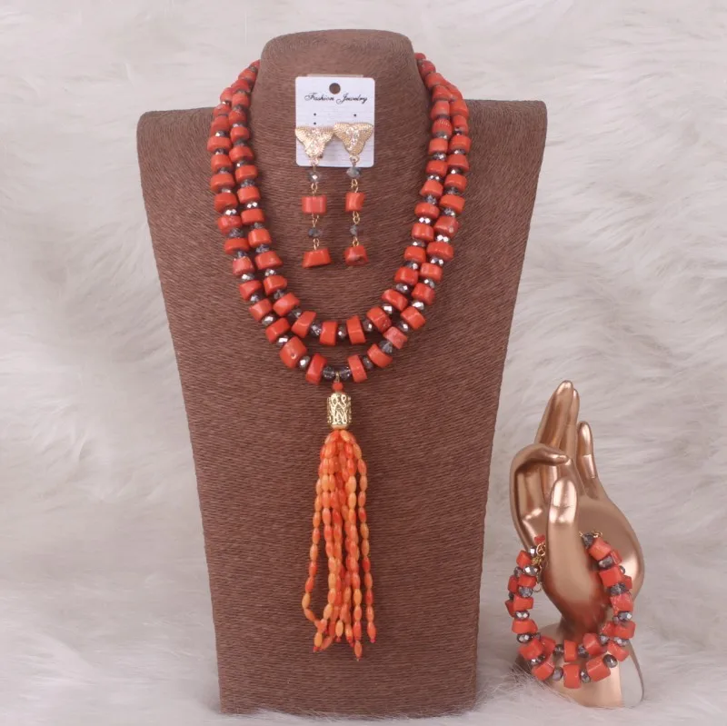

Dudo Trendy African 100% Sea Bamboo Genuine Coral Beads Bridal Tassel Jewellery Weddings Set For Man