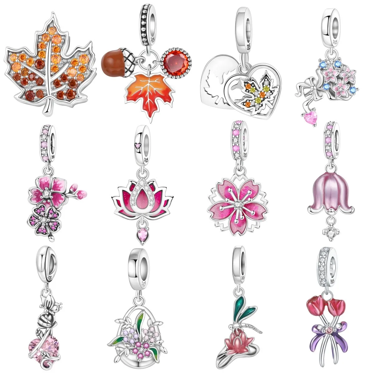 Pingente de Prata Esterlina S925 MISEFF com Flores de Cerejeira Rosa e Lótus, Joias Originais para DIY, Presentes para o Dia das Mães