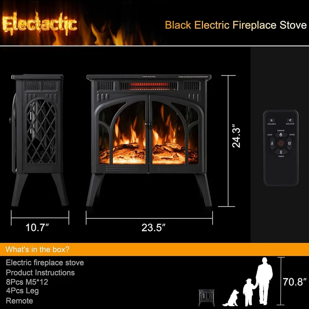 24Inch Electric Fireplace Stove , Free-Standing Infrared Fireplace Stove, Controllable 3D Flame, 4 Variable Flame&Log Colors,