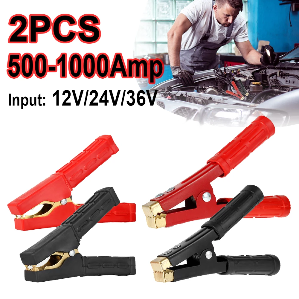 2Pcs 500-1000Amp Car Battery Clamp Heavy Duty Copper Battery Alligator Clip Heavy Duty Jump Lead Clip Insulated Full