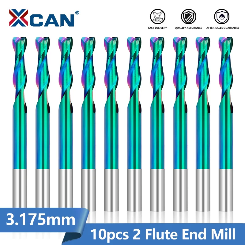 XCAN Milling Cutter 10pcs 1/8 Shank 2 Flute Spiral Router Bit Upgrade Nano Coated Carbide End Mill Up Cut Engraving Bit for Wood