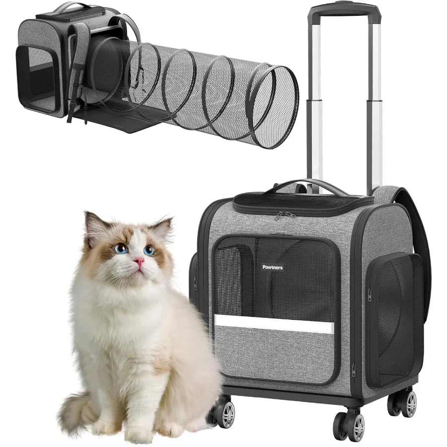 

Rolling Cat Carrier with Wheels for Small Dogs and Large Cats: Expandable Pet Carrier on Wheels with Cat Play Tunnel Large Capa