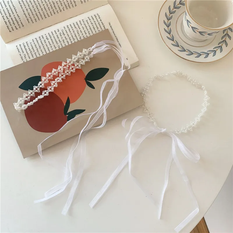 

Handmade White Pearl Ribbon Headband and Choker Chain 2 in 1 Versatile Ethereal Fairy Hair Accessory Hair Tools