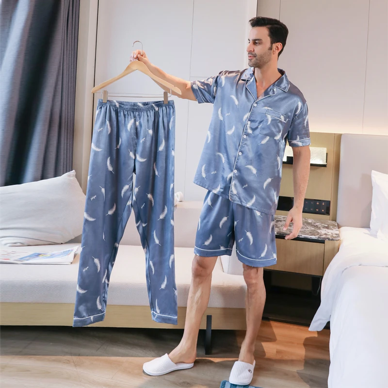 Conjunto de pijamas de seda gelo de 3 peças masculino, shorts finos de manga curta, calças compridas estampa de penas, casaco de verão, roupa de dormir