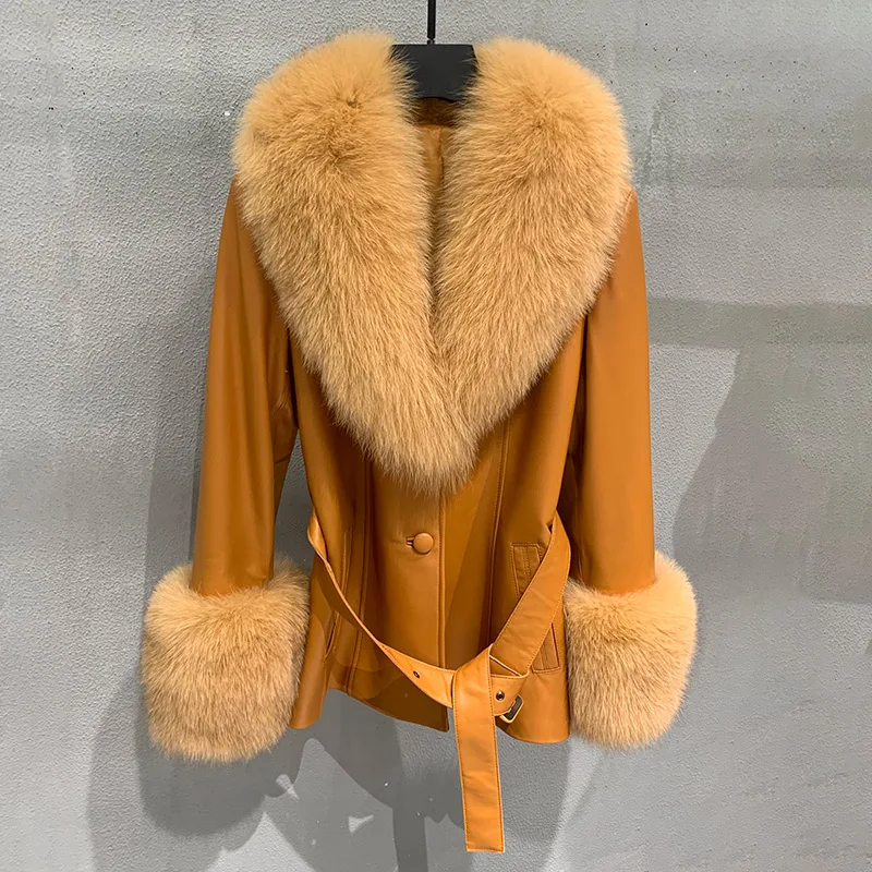 Blouson en cuir véritable femme, Streetwear, automne hiver, col en fourrure de renard, FG5077, 2023