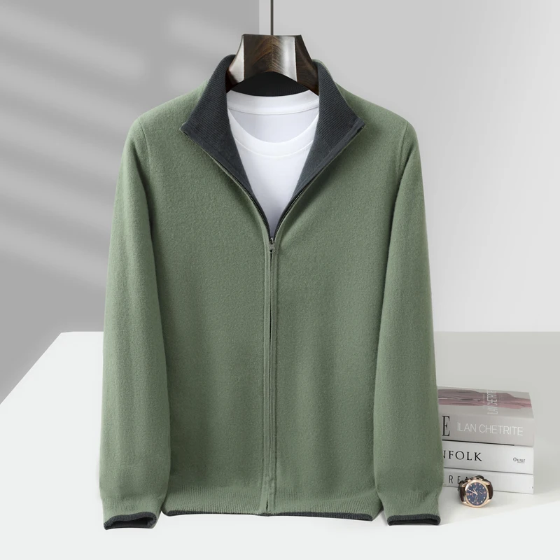 MVLYFLRT мужской кардиган на молнии с воротником-стойкой, 100% мериносовая шерсть, вязаный двусторонний кардиган, осенне-зимняя толстая теплая куртка