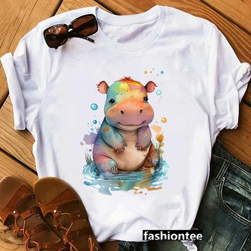 Cute Watercolor Hippo Printed T-Shirt Women's Casual Personalized Creative Hippo Harajuku Shirt Women's Cute T-Shirt