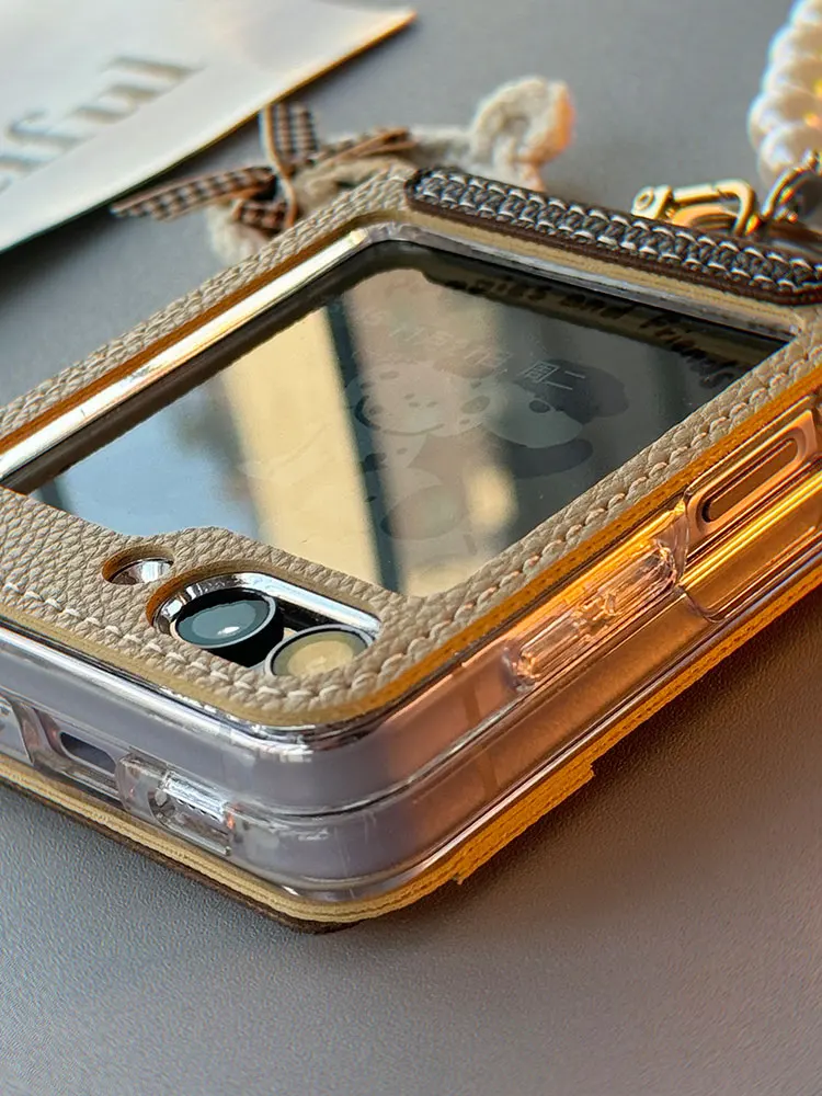 For Samsung Galaxy Z Flip 5 6 zflip5 Phone Case Pearl Bracelet Chain Leather Hinge Protective Cover