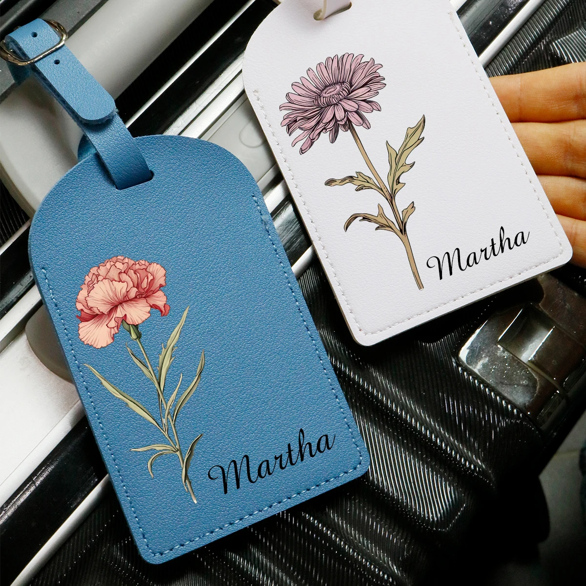 Customized Name Luggage Tag - Comes with Japanese Flower, Personalized PU Leather Luggage Tag, Customizable Luggage Tag