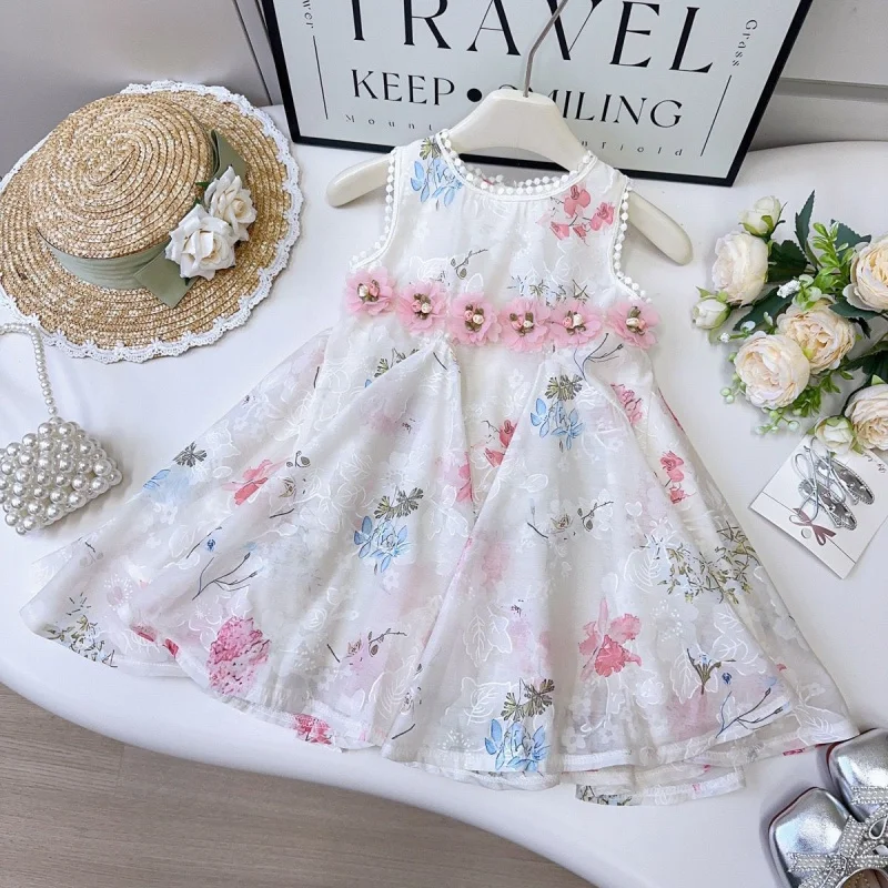 

Girls' Floral Dress Summer2025New Sleeveless Mesh Princess Dress for Girls Vacation Style Tank Dress Wholesale