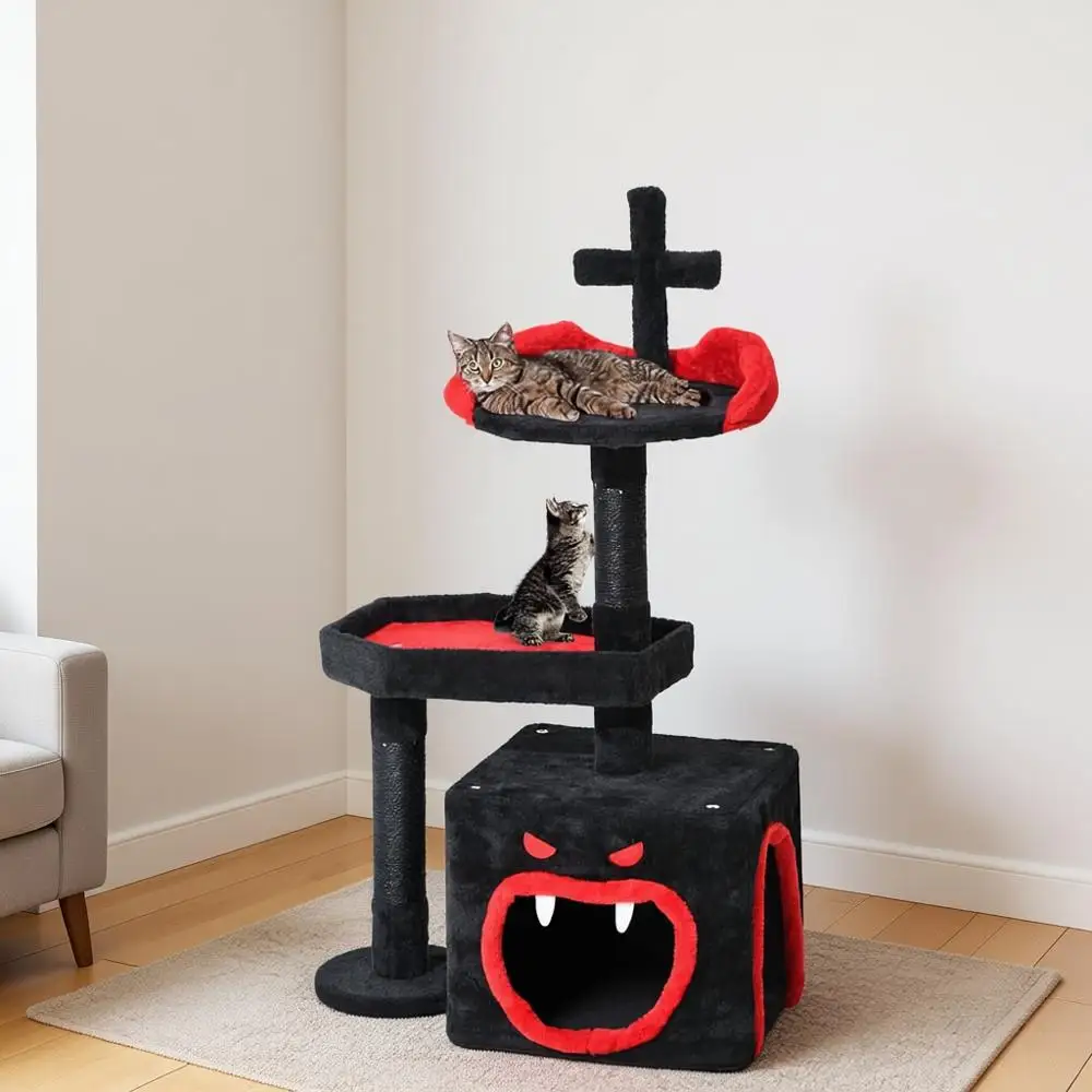 

Indoor Kitten Tower with Coin Bed, Spacious Condo, Hanging Ball, Scratching Post, Black Halloween