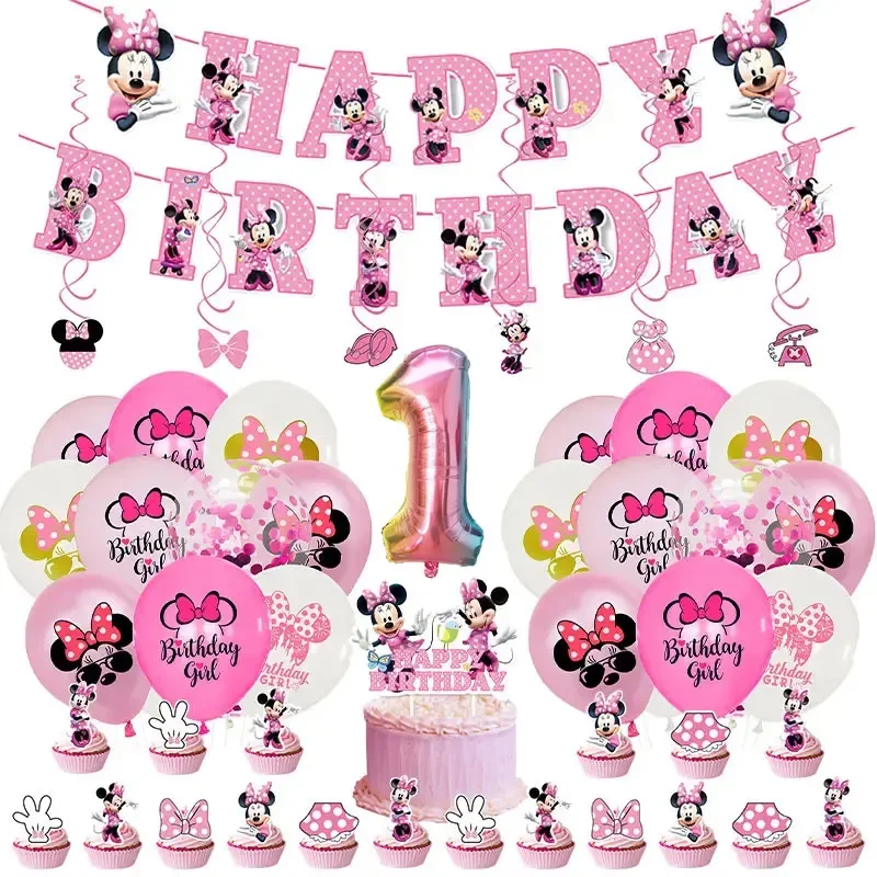 Disney Minnie Mouse Birthday Decoration Minnie Birthday Theme Tableware Tablecloth Backdrop Banner Pink Balloons Kids Favors