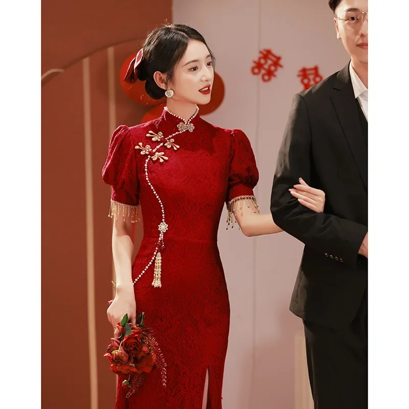 Cheongsam Toast Dresses Burgundy Chinese Wedding Dress Summer Slim Fishtail Lace Engagement 2025 Tradtional Qipao for Women