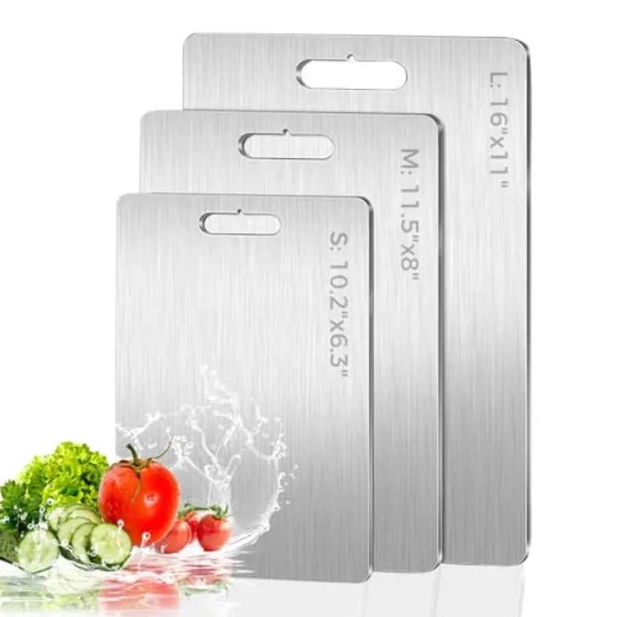 

3 Pack 304 Stainless Steel Cutting Board, Upgraded Food-Grade Cutting Boards for Kitchen, Double-Sided Non Toxic Cutting Board,