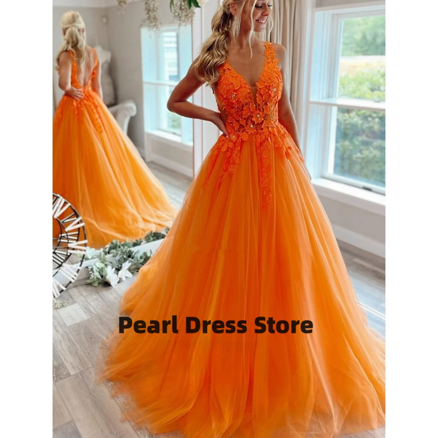 

Orange Formal Dresses for Women Gala Dress Embroidery Line A V Neck Prom Dress 2023 Cocktail of Dresses Evening Gown Long