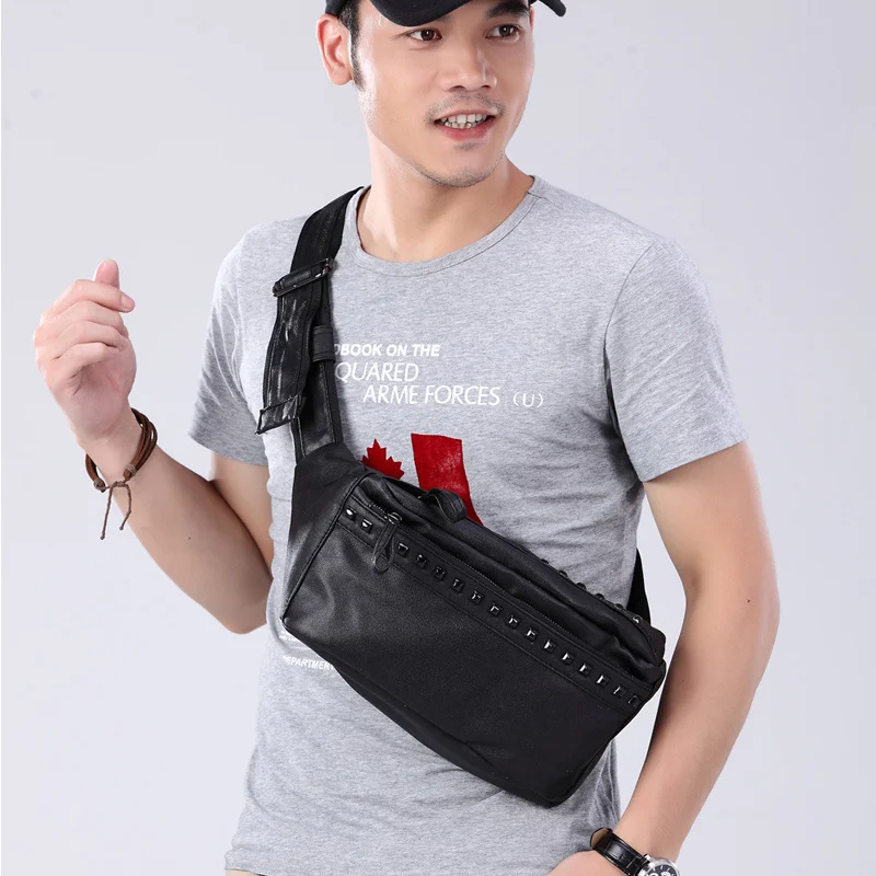 New Men\'s Waist Bag Fashion Rivet Man Fanny Pack High Quality Soft Leather Chest s Waterpoor PU Shoulder s Travel Boys