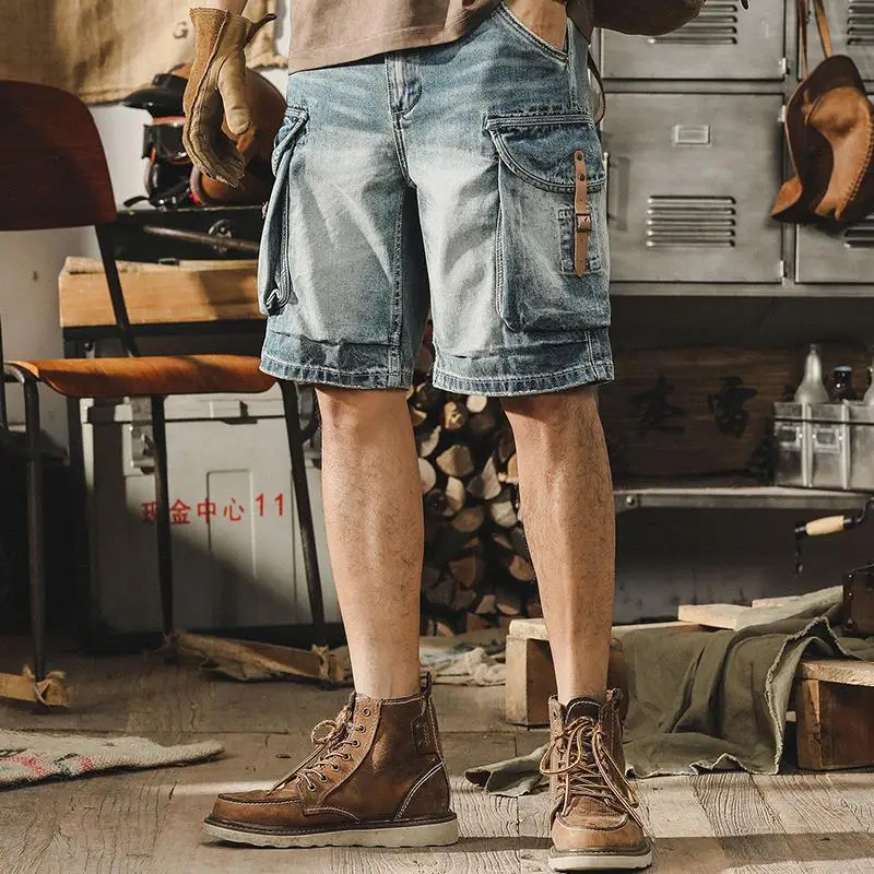 Summer Luxury Denim Jeans Men\'s Knee-Length Casual Loose Retro Motorcycle Cargo Shorts Short Jeans Luxury Cowboy Pants for Men