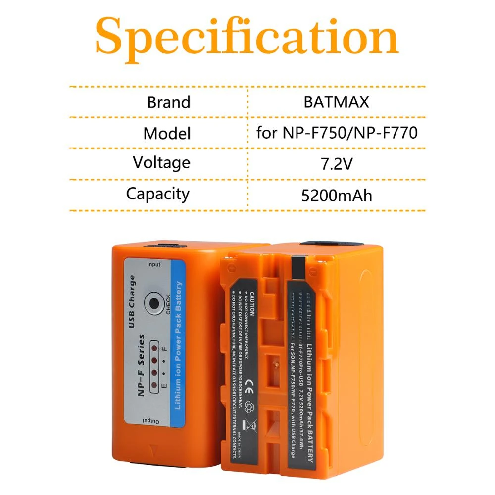 For Sony NP F960 F970 NP-F770 F550 CCD-TRV58 TRV110K V1J Z1 NP-F750 5200mAH USB-Output  Battery LED Button