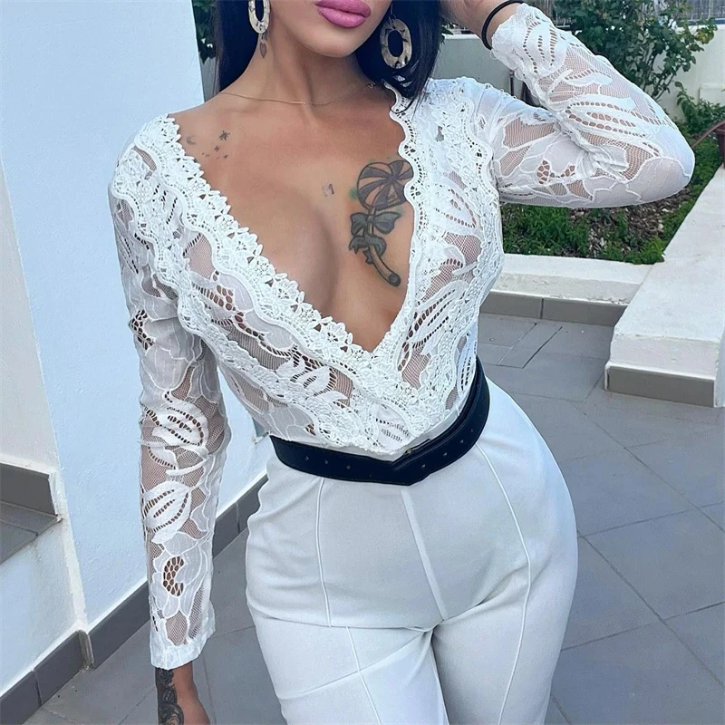 

Fashion Hight Waist Slim Rompers Elegant V-neck Long Sleeve Playsuits Casual Lace Overalls Stitching Solid Color Long Jumpsuits