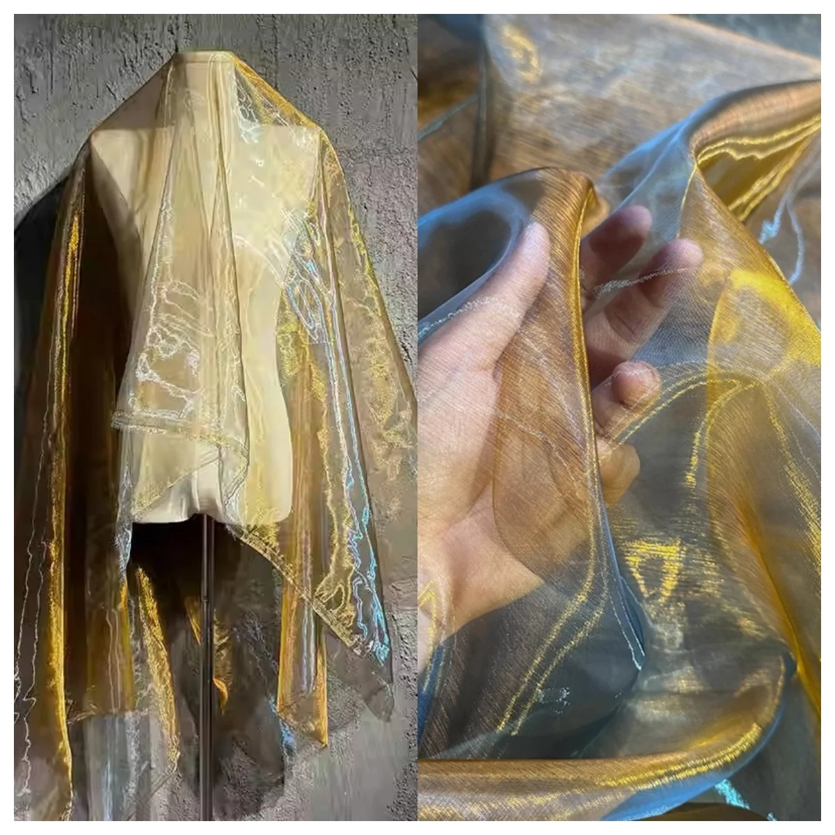 

Теплая золотисто-синяя градиентная жидкая глянцевая ткань из органзы, радужная юбка Hanfu, дизайнерская сетка, элитная ткань для пошивания пошив, платье «сделай сам»