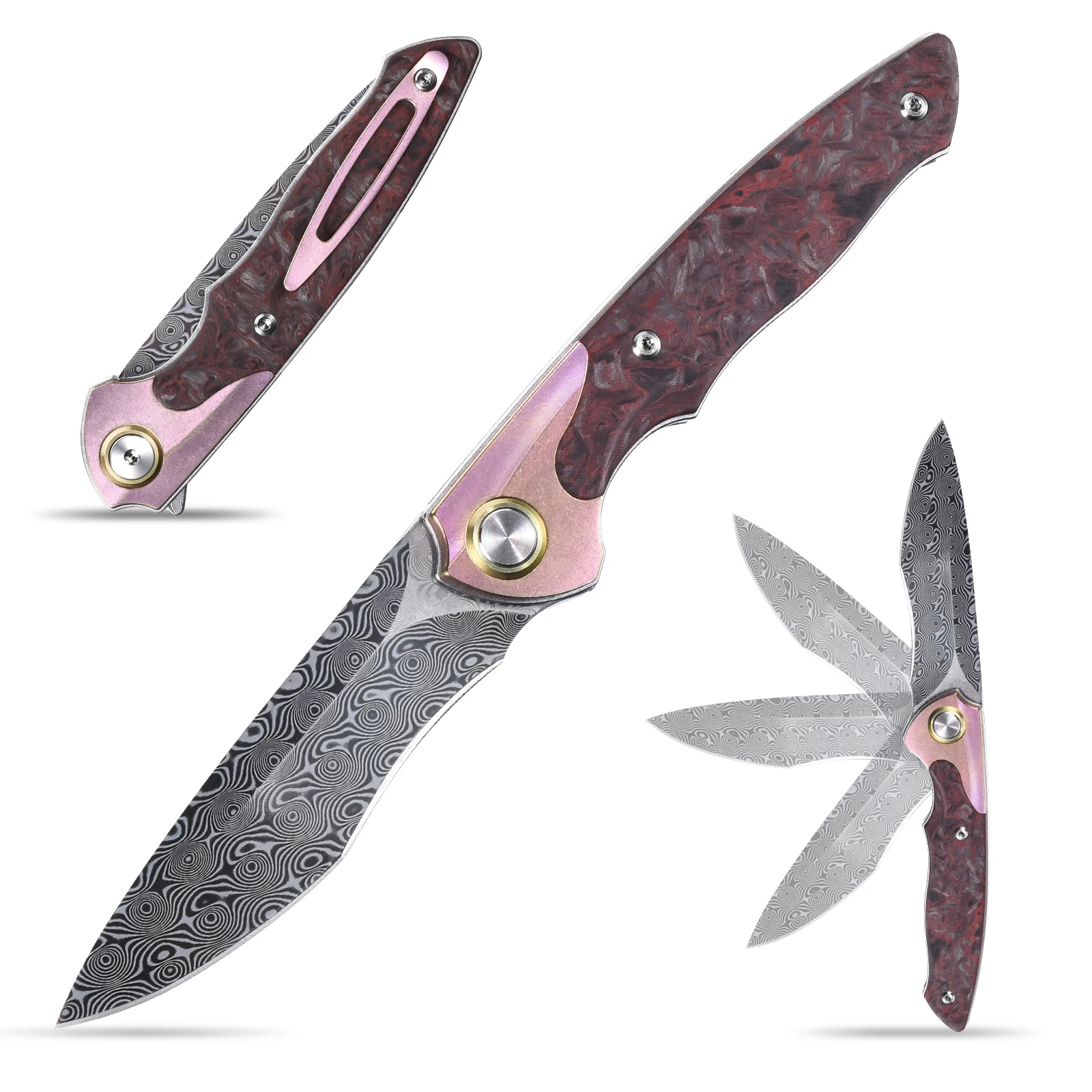 Sitivien ST243 Pocket Folding Knife,Damascus Steel Blade+Titanium Carbon Fiber Handle Reversible Clip for Collection Working EDC