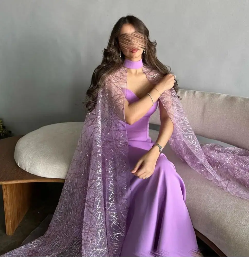 

Jirocum Luxury Lavender Halter Neck Satin Evening Dresses Beaded Detachable Cape A-Line Heart Strapless Prom Dresses