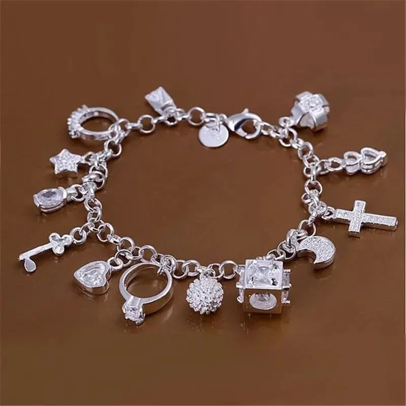 Pulsera colgante de plata europea y americana para mujer, joyería multielemento, pulsera de estilo Simple, moda de 13