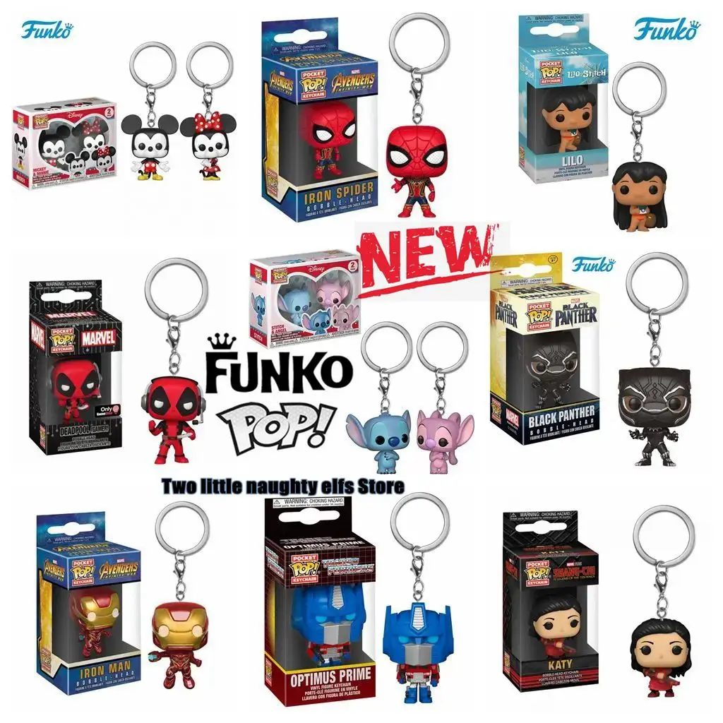 FUNKO Pop New Keychain Katy Black Panther Spider Deadpool Gamer Lilo Stitch Mickey Minnie Chooper Optimus Prime Kid Gift