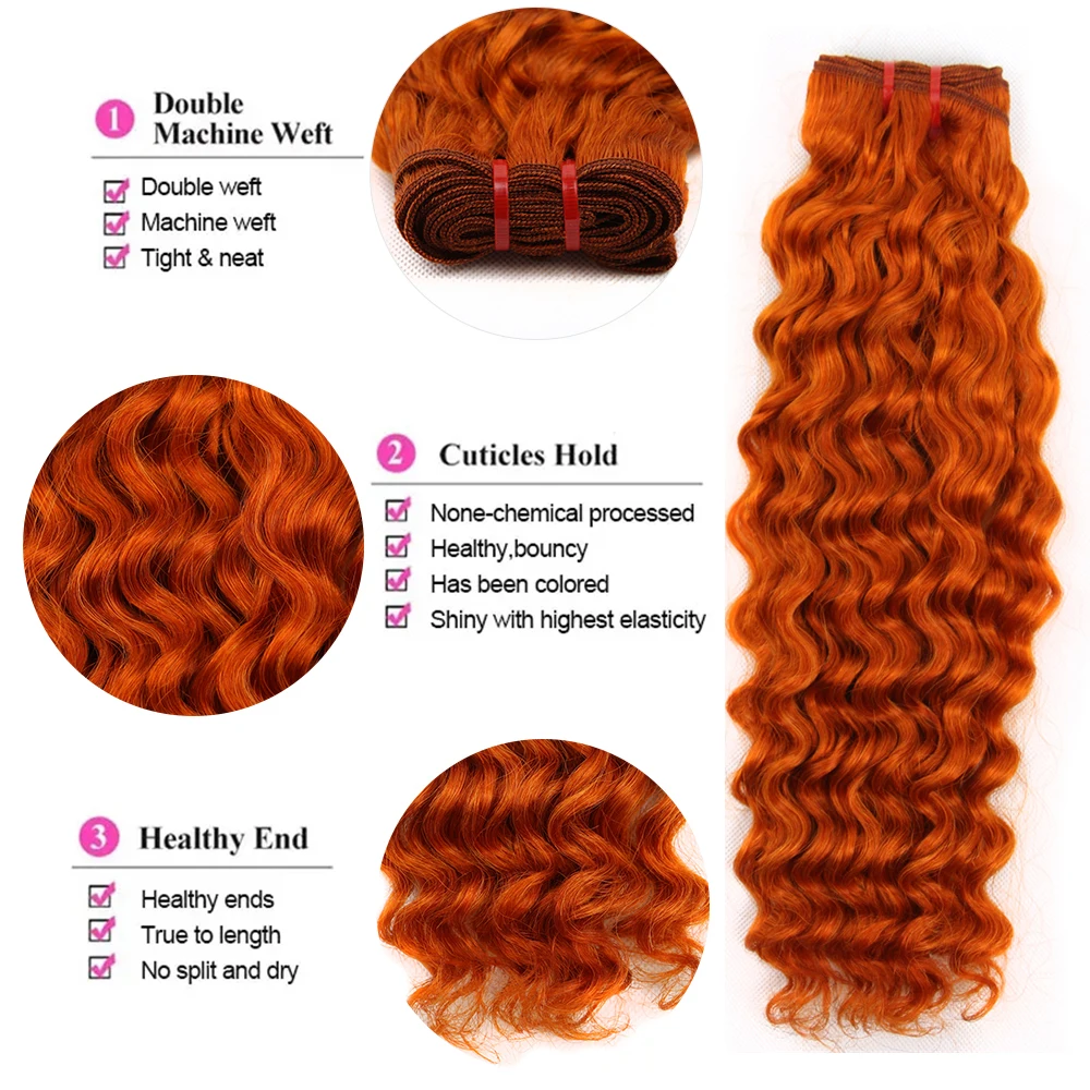 Ginger Human Hair Bundles Orange Water Wave Bundles 350 Human Hair Bundles 1/3 Bundles Burnt Orange Ocean Wave Bundle for Woman