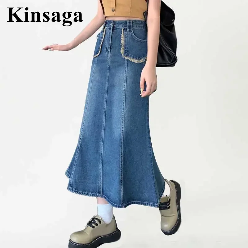 

Women Vintage Retro Blue Mid Calf Long Mermaid Jeans Skirt 5xl Summer Korea Tassel Pockets Midi Denim Skirts Y2K Girl Jean Jupe