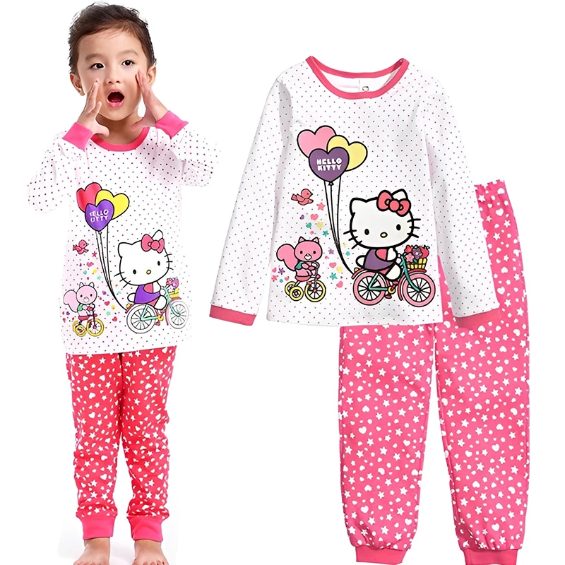 Hello Kitty Kids Pajamas Set Autumn Children's Clothing Sets Sleepwear Clothes Long sleeved pants Baby Cotton Cartoon Pyjamas