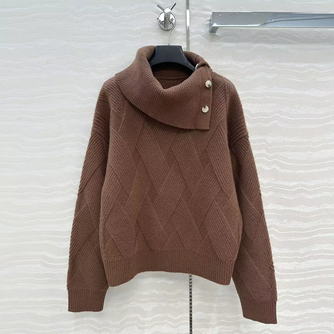 

Новинка 2023 года, осенне-зимний шерстяной вязаный пуловер, женская водолазка на пуговицах с длинным рукавом, однотонный вязаный крючком повседневный свободный свитер