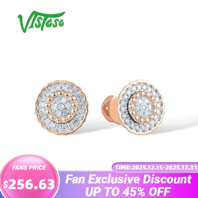 

VISTOSO Auhtentic14K 585 Rose Gold Stud Earrings For Women Sparkling Round Diamonds Wedding Anniversary Gifts Fine Jewelry