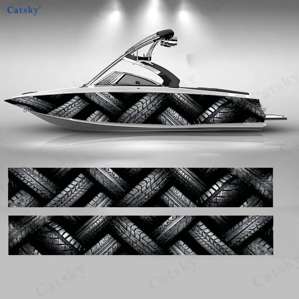 2Pcs Tire Tread Interwoven Boat Stickers, PVC Waterproof Durable Vinyl Wrap Decals for Fishing Boats, Durable and Stylish Design