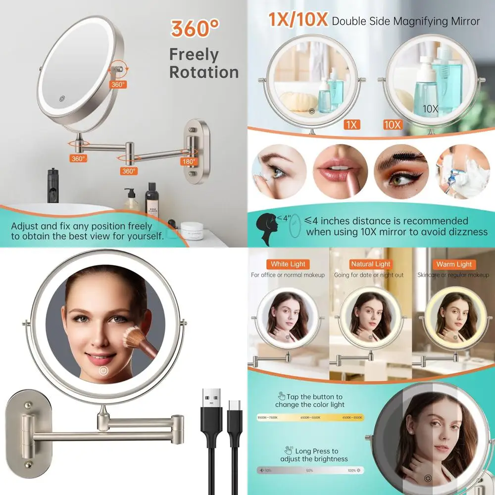 8 مرآة زينة LED مزدوجة الجوانب مع تكبير 1X/10X، تعتيم شاشة اللمس، 360 درجة ° دوران للمكياج والحلاقة #1