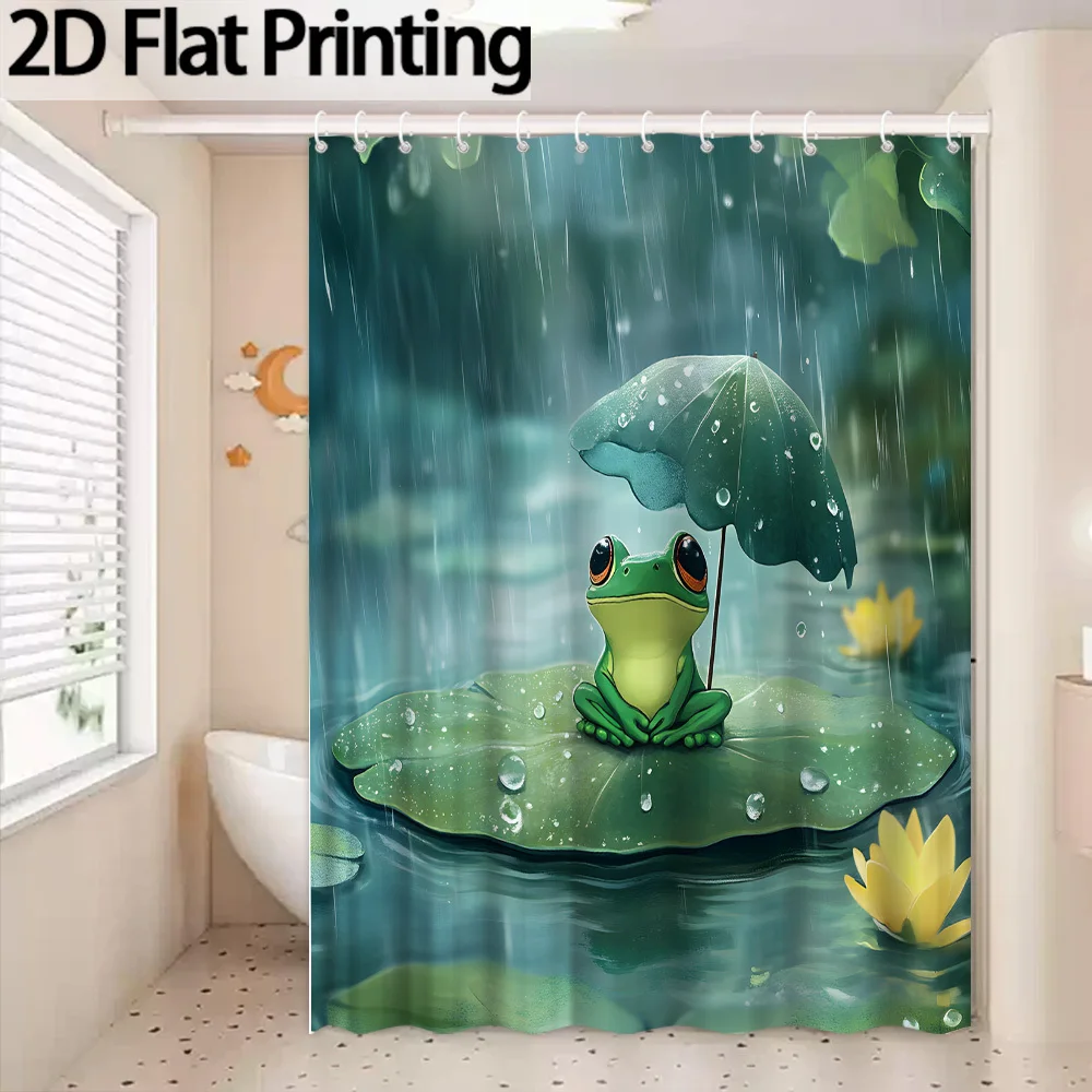 Cute Frog Under Umbrella Pond Scene Shower Curtain Waterproof Bathroom Decor Art Print