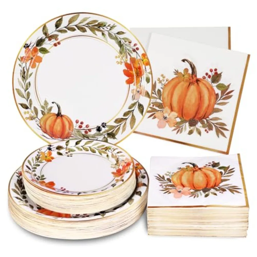 

200Pcs Thanksgiving Paper Plates and Napkins Set with Pumpkin Flower Wreath Design Watercolor Style Disposable Party Supplies f