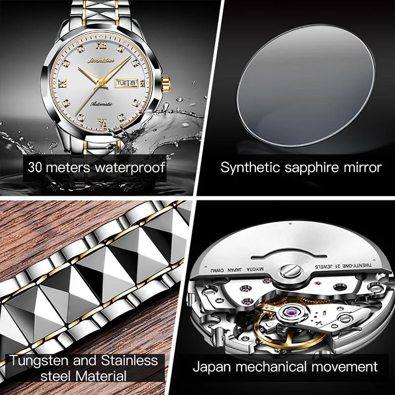 JSDUN Brand Mechanical Watch Fashion Business Watch Stainless Steel Strap 30M Waterproof Watch For Men Weekly Calendar Display