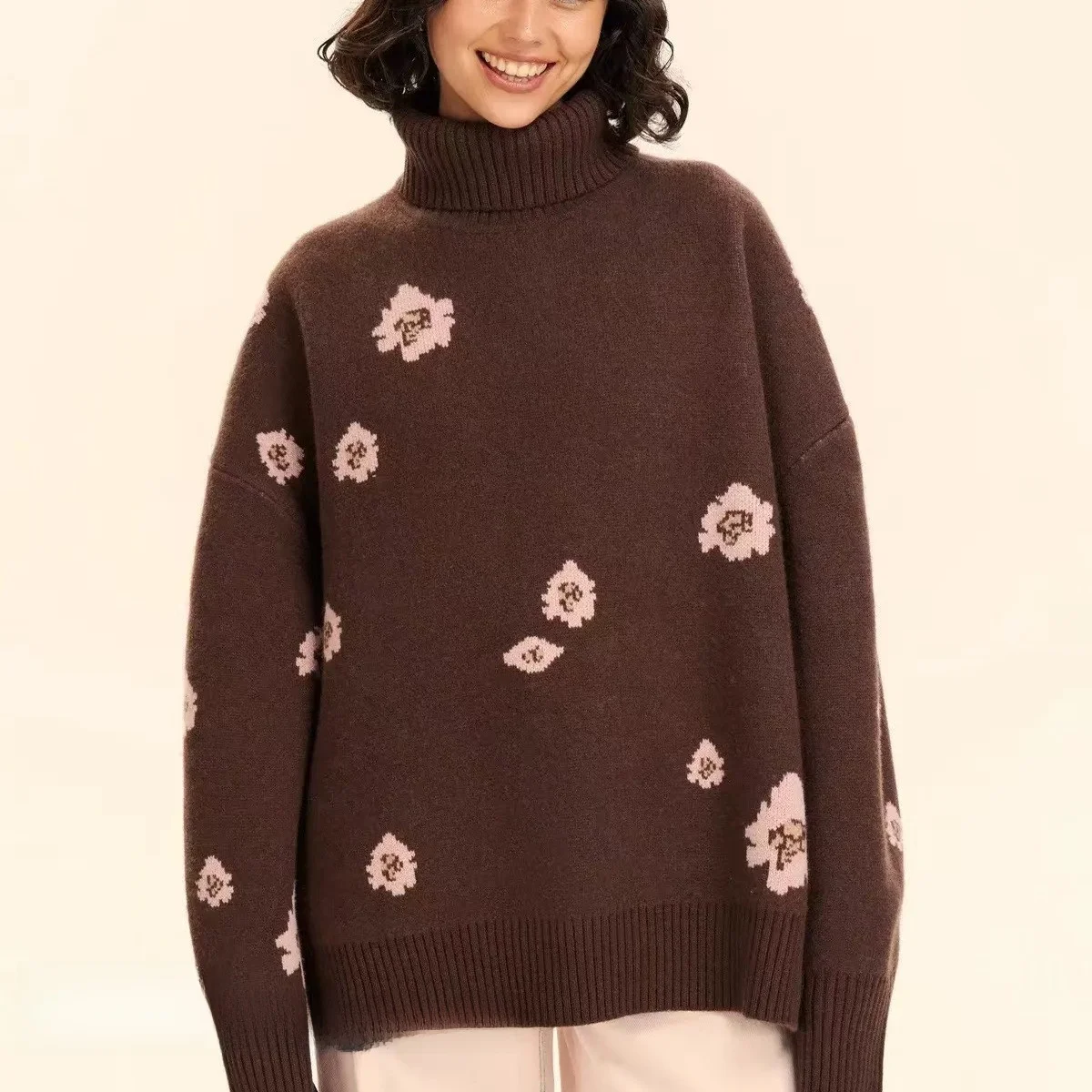 

Faionable Loose High Ne Knitted Sweater Floral Design Top Warm Autumn Winter Women's Clothing Comfortable Long Sve Cre...