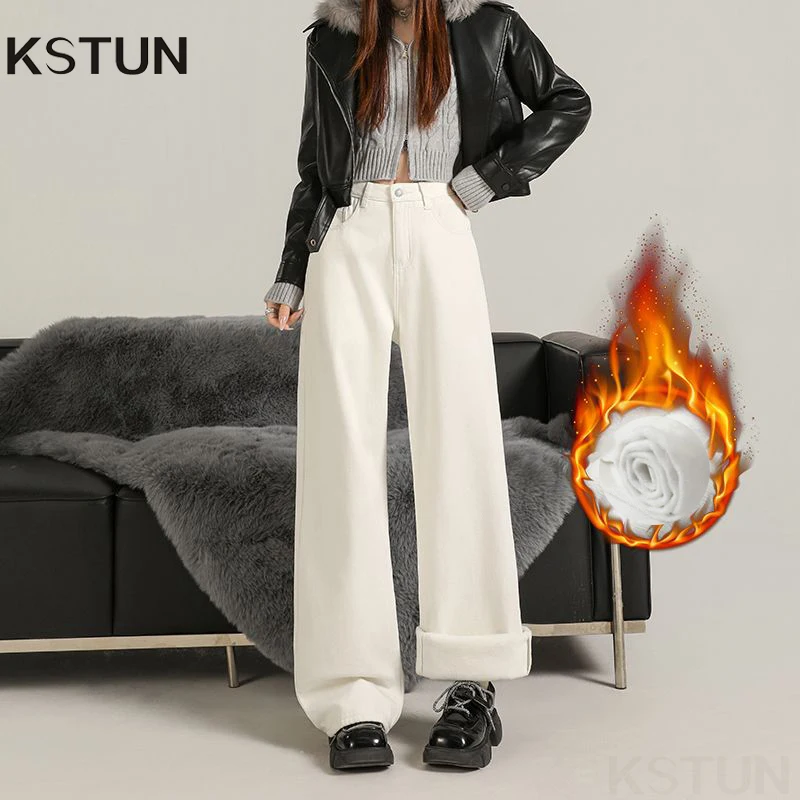 

KSTUN 2025 Winter Women's Wide Leg Jeans With Fleece Warm Thicken Straight Leg Trousers High Waist White Mom Jeans Loose Fitness