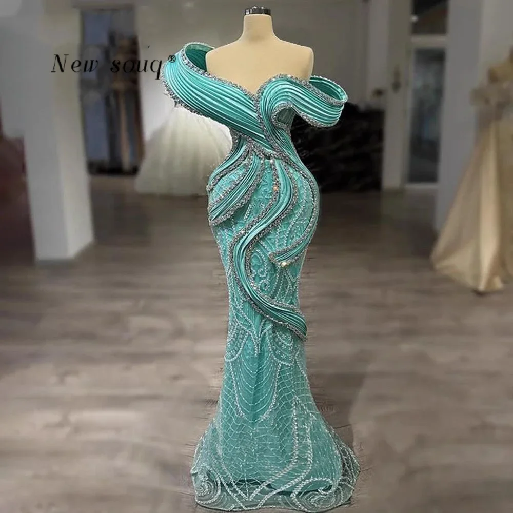 

Long Mint Green Mermaid Prom Dresses with Crystals Customized High Fashion 3D Ruffles Design Off Shoulder Pageant Party Gowns