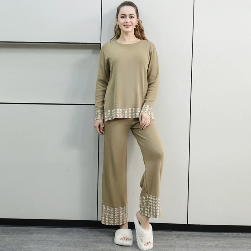 EVNISI Women O-neck Long Sleeve Pullover Top and Wide Leg Pants 2 Piece Sets Knit Patchwork Casual Set Pajamas Women Outfits