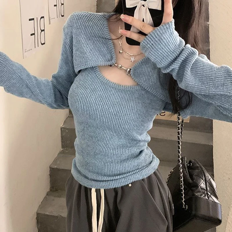 Lucyever Y2K Sexy Slim Knitted Sweater Women Korean Fashion Cardigan+Vest Set Tops Ladies Harajuku Casual Cropped Knit Jumpers