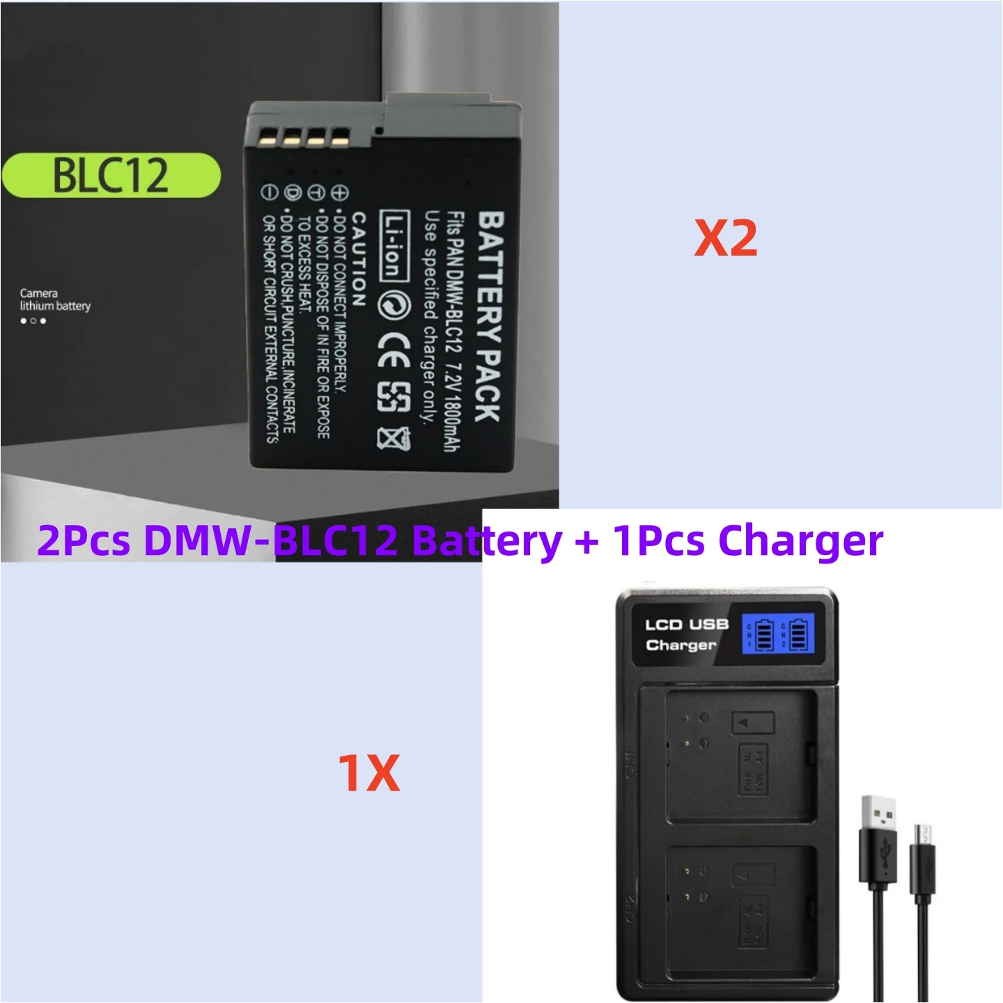 2Pcs 1800mAh DMW-BLC12 BLC12E Camera Battery For Panasonic Lumix FZ1000 FZ200 FZ300 G5 G6 G7 GH2 GX8 Camera Battery +USB Charger