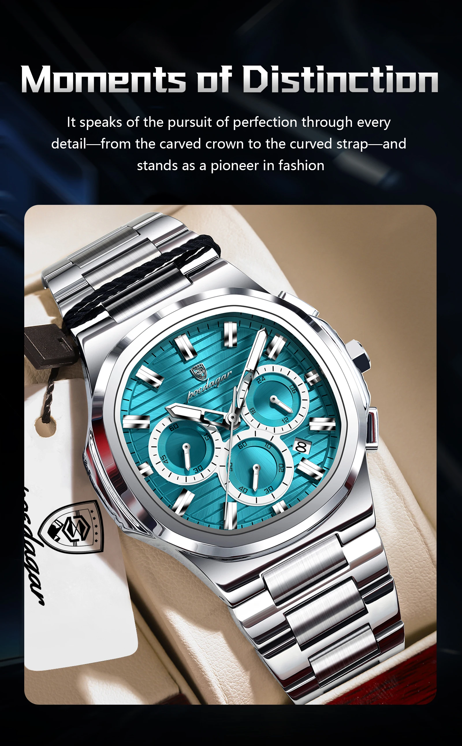 POEDAGAR Top Business Herrenuhr Leuchtend Wasserdicht Edelstahl Herren Armbanduhr Chronograph Datum Quarz Mode Herrenuhren – Detail 14