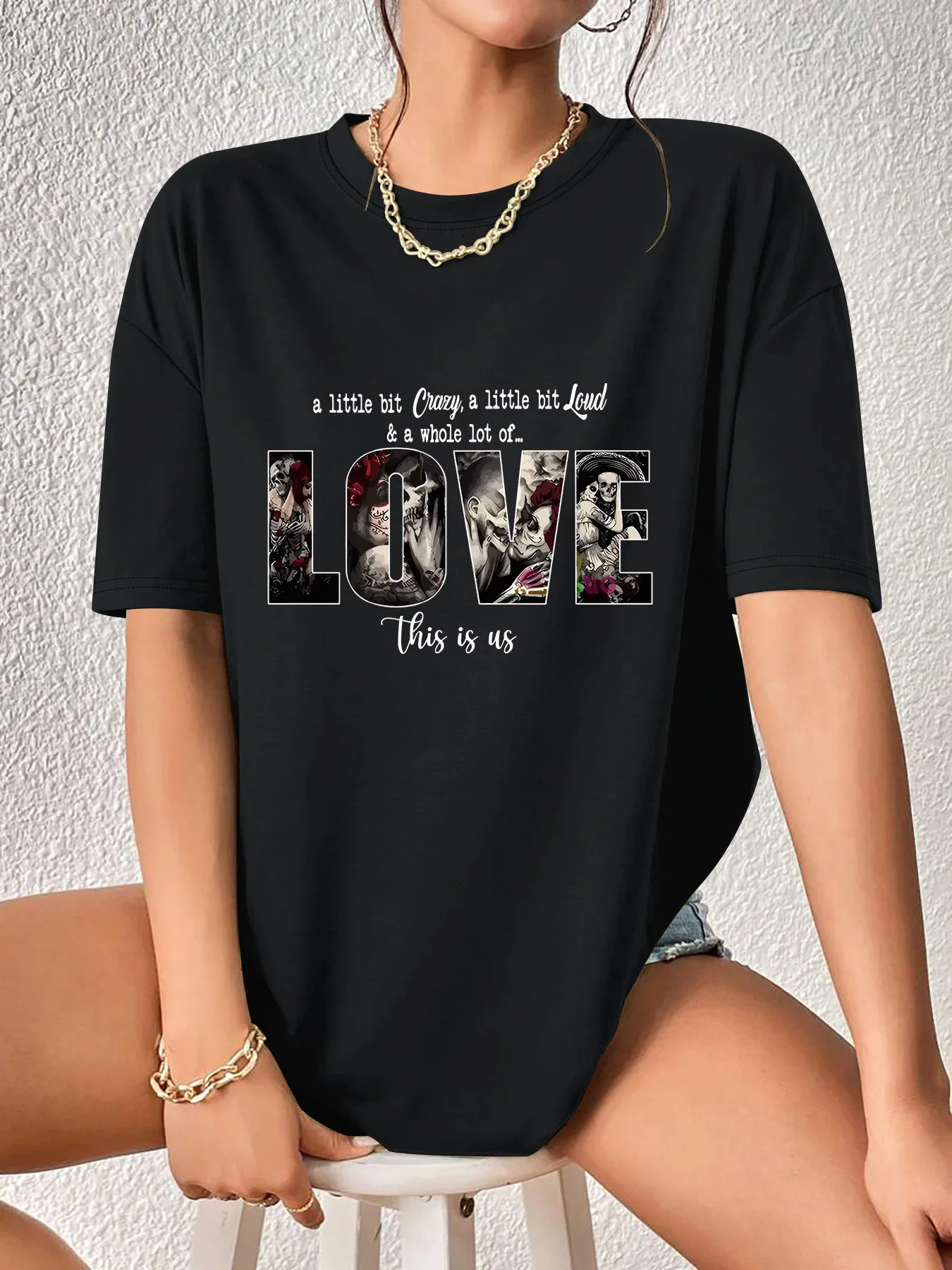 Plus Size Women's White Short Sleeve T - shirt a little bit Crazy Loud & Love Graphic, Edgy Stylish Casual Top