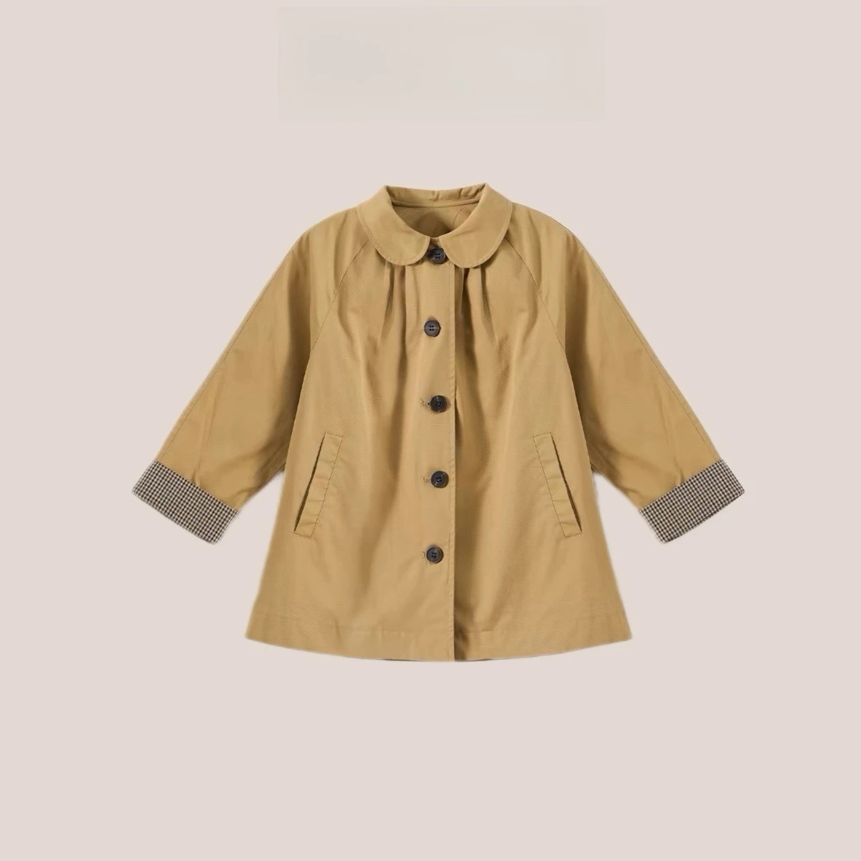 2026 Girl Autumn Versatile Lapel Coat Kids Pure Cotton Coat and Apricot Peter Pan Collar Shirt and Olive Drab Wide Leg Pants