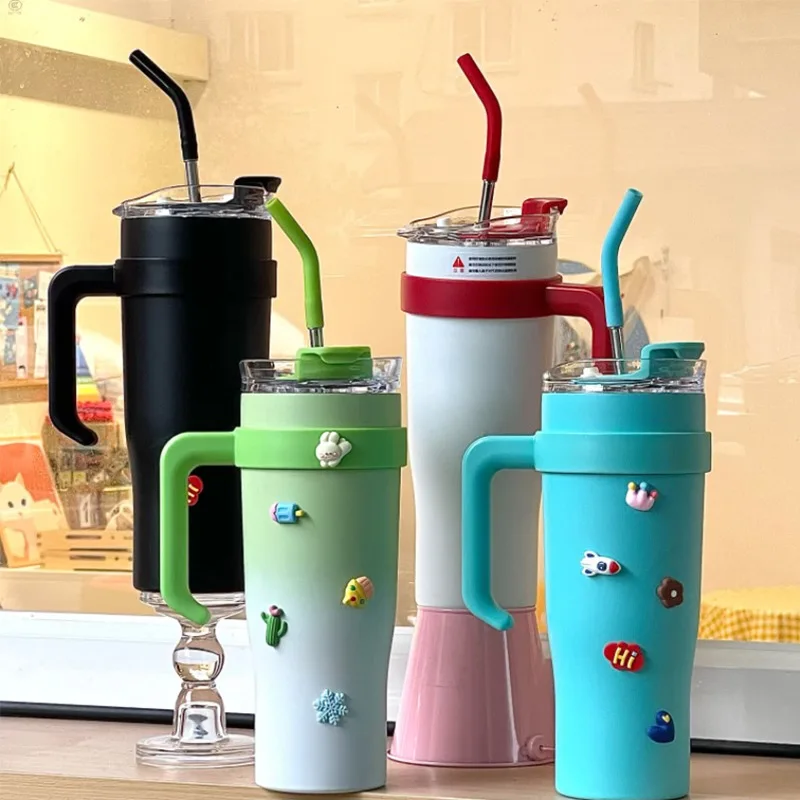 

304 Stainless Steel Handle Straw Insulation Cup, Portable Water Bottle, Coffee Mug, Student, Cute, Casual, 1250ml