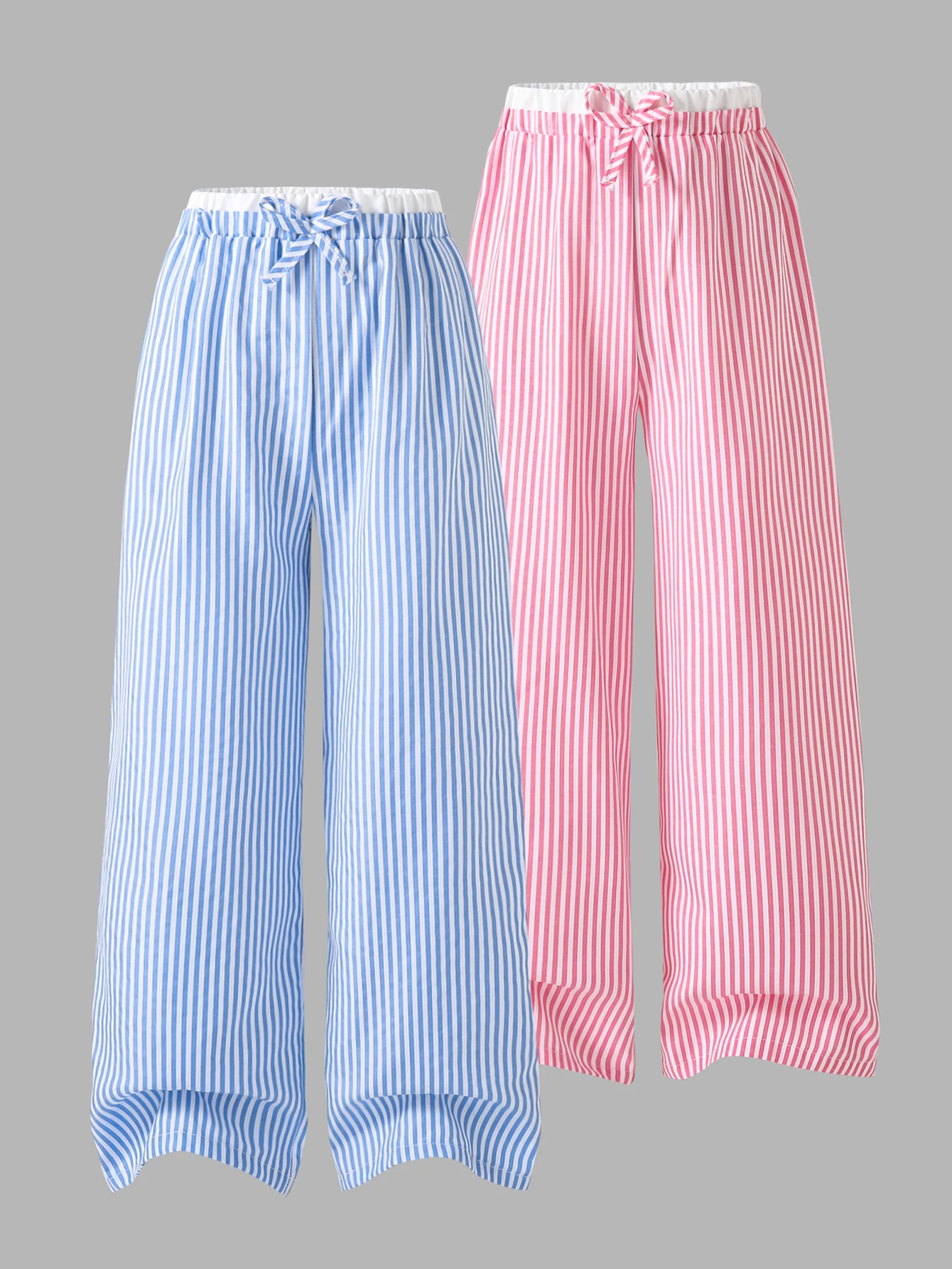 2 Pairs of Autumn Girls' Fashionable Simple Loose Straight-Leg Pants with Striped Elastic Waist, Casual Versatile Cropped Pants - Blue + Pink